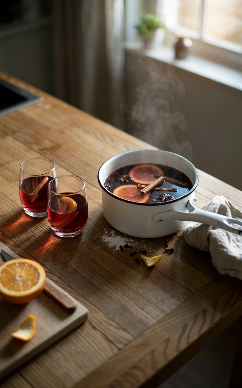 12 Cozy Fall Drinks to Make at Home on Chilly Days 9 Stovetop mulled wine in an enamel pan with orange slices and star anise, two glasses of mulled wine beside it