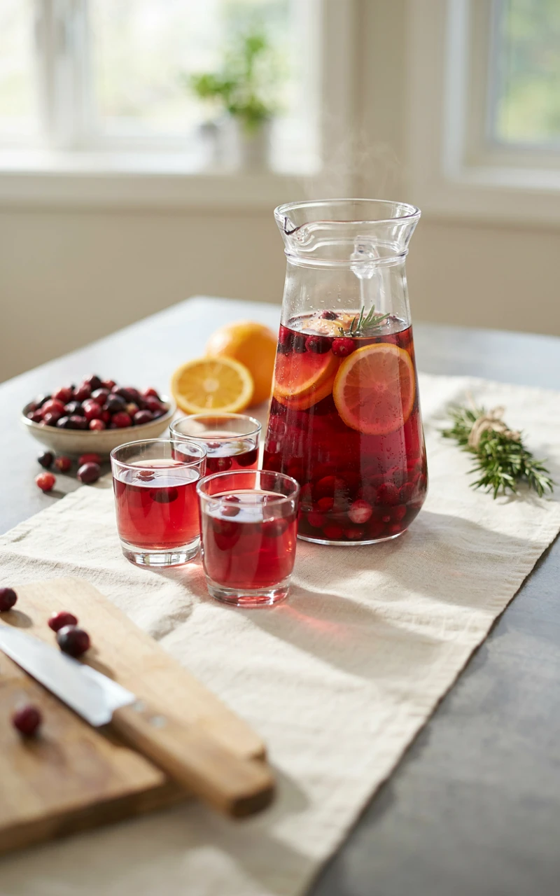 12 Cozy Fall Drinks to Make at Home on Chilly Days 10 Warm cranberry orange punch in a glass pitcher with whole cranberries, orange rounds and rosemary