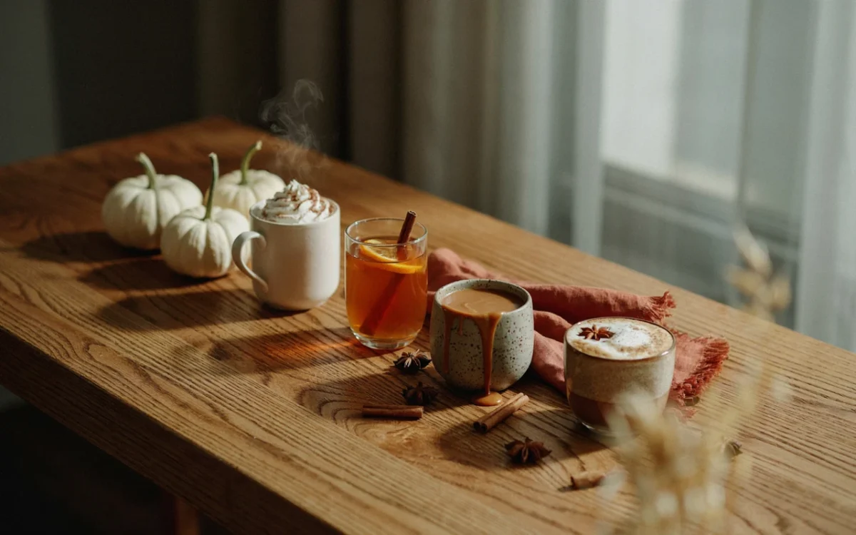 Cozy fall drinks on a wooden table: a pumpkin spice latte, spiced apple cider and hot chocolate with cinnamon sticks