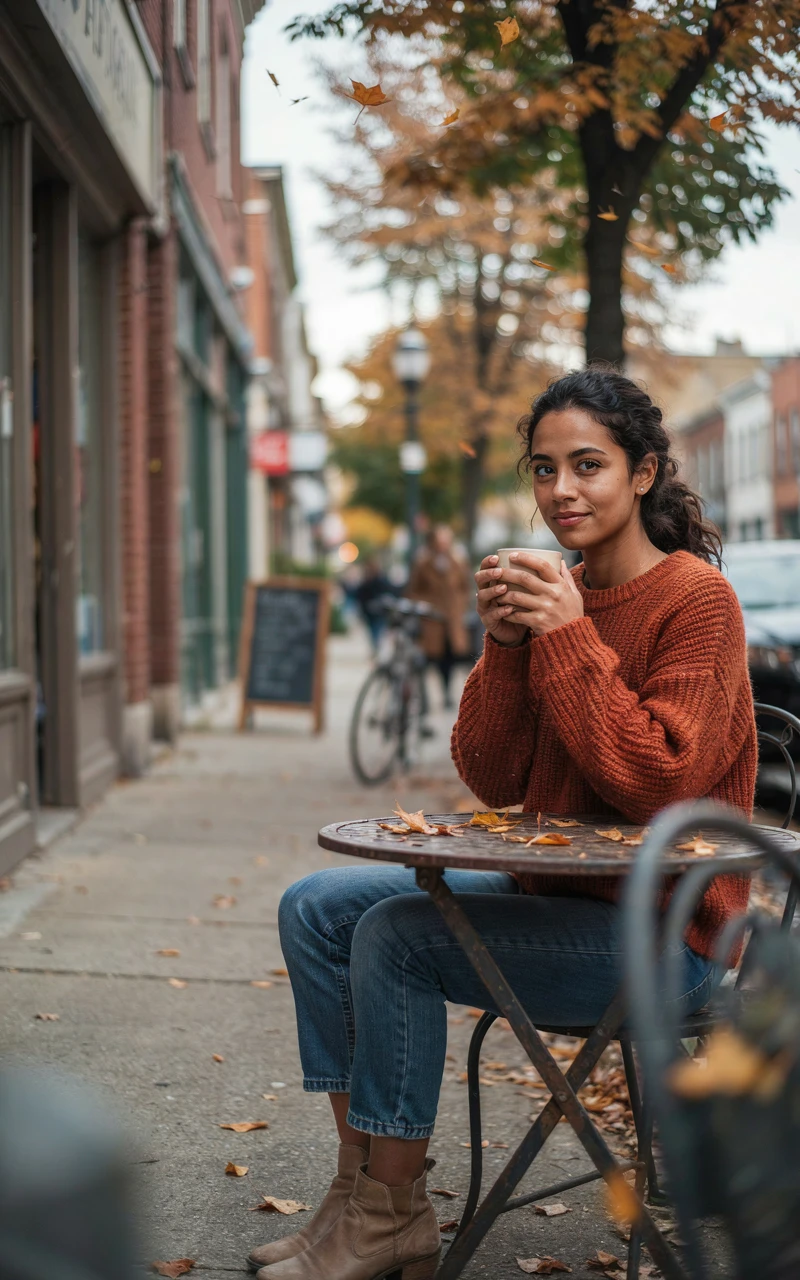 12 Cozy Fall Outfits for Women That Feel Stylish and Comfortable 2 A woman wearing an oversized rust sweater and straight leg jeans at an outdoor cafe.