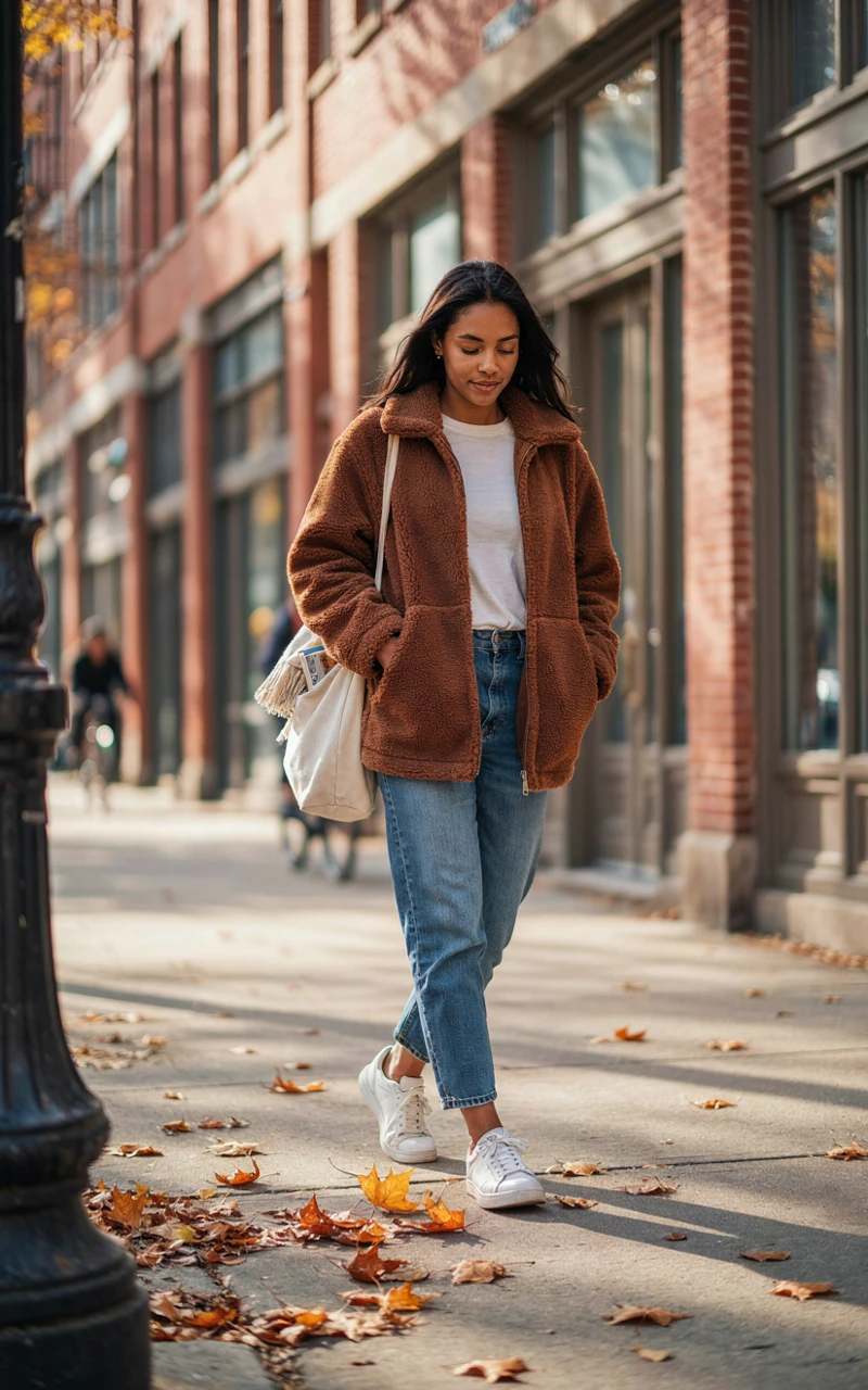 12 Cozy Fall Outfits for Women That Feel Stylish and Comfortable 11 A woman wearing a fluffy brown teddy coat and blue jeans holding a tote bag.