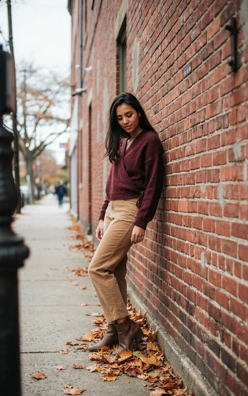 12 Cozy Fall Outfits for Women That Feel Stylish and Comfortable 12 A woman wearing a burgundy wrap sweater and tan corduroy pants against a brick wall.