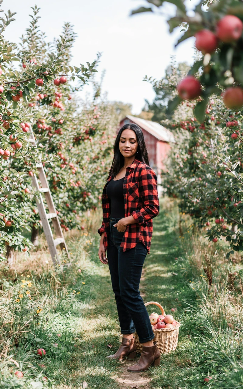 12 Cozy Fall Outfits for Women That Feel Stylish and Comfortable 13 A woman in an orchard wearing an open red flannel shirt over a black bodysuit.