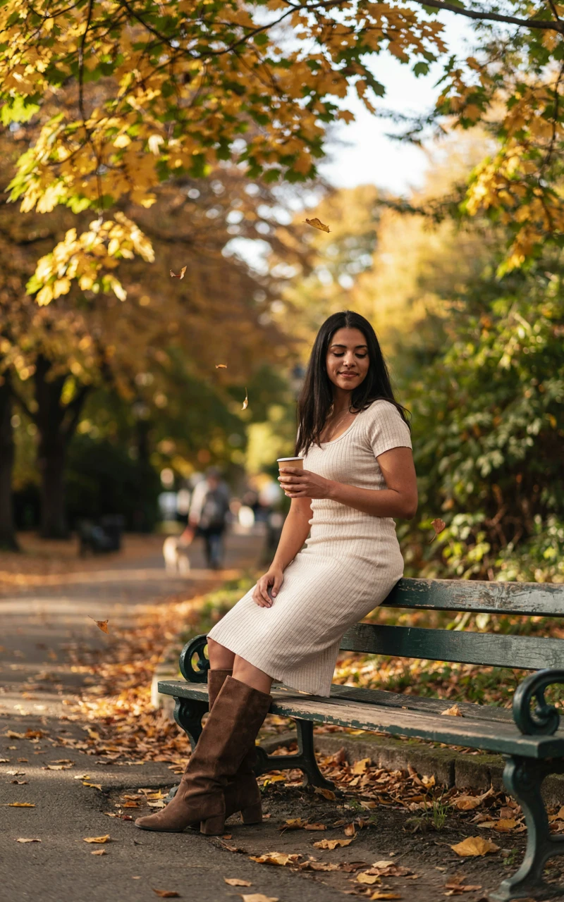 12 Cozy Fall Outfits for Women That Feel Stylish and Comfortable 3 A woman sitting on a park bench wearing a cream ribbed midi dress and brown suede boots.