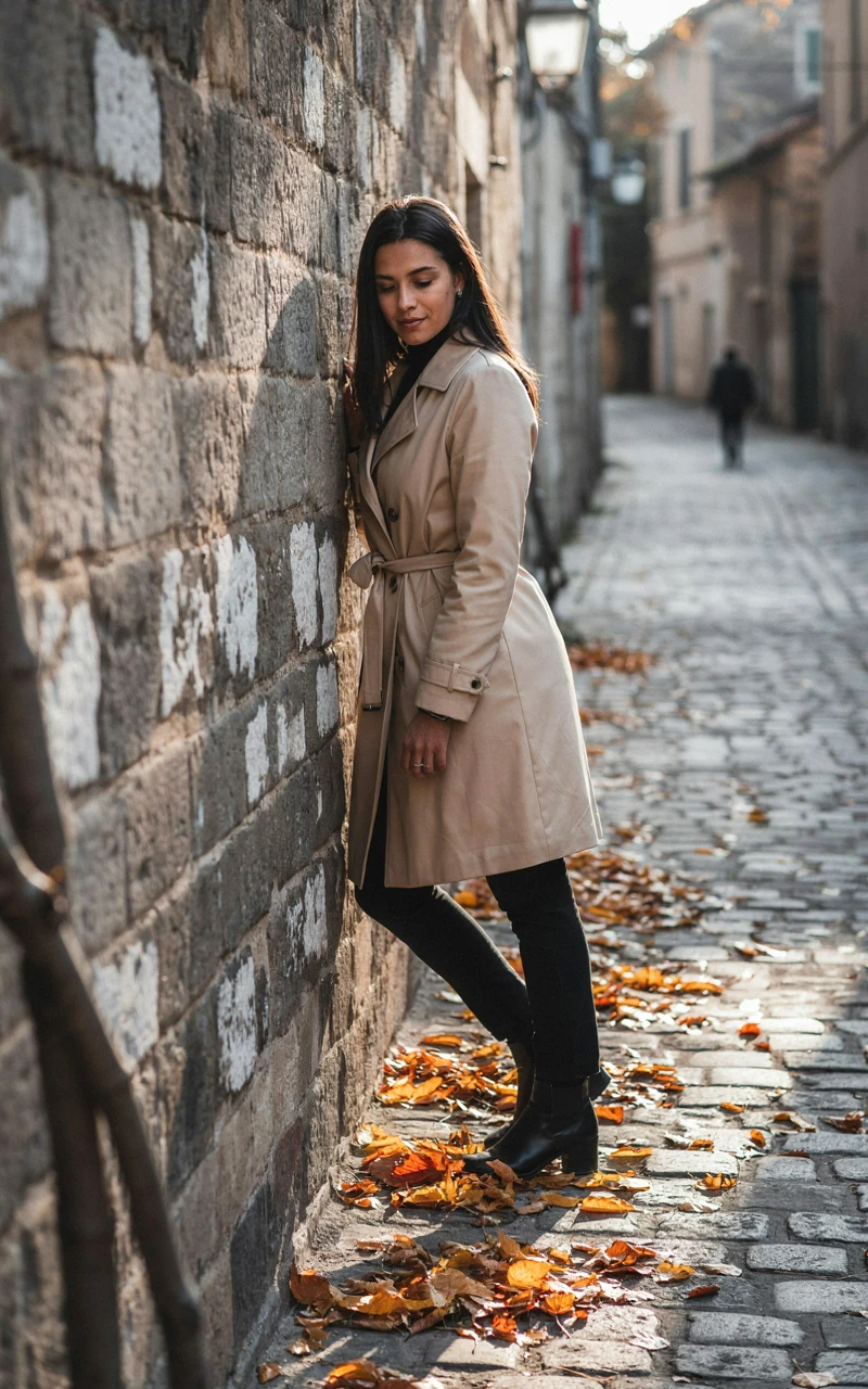 12 Cozy Fall Outfits for Women That Feel Stylish and Comfortable 7 A woman wearing a belted beige trench coat over a black outfit outdoors.