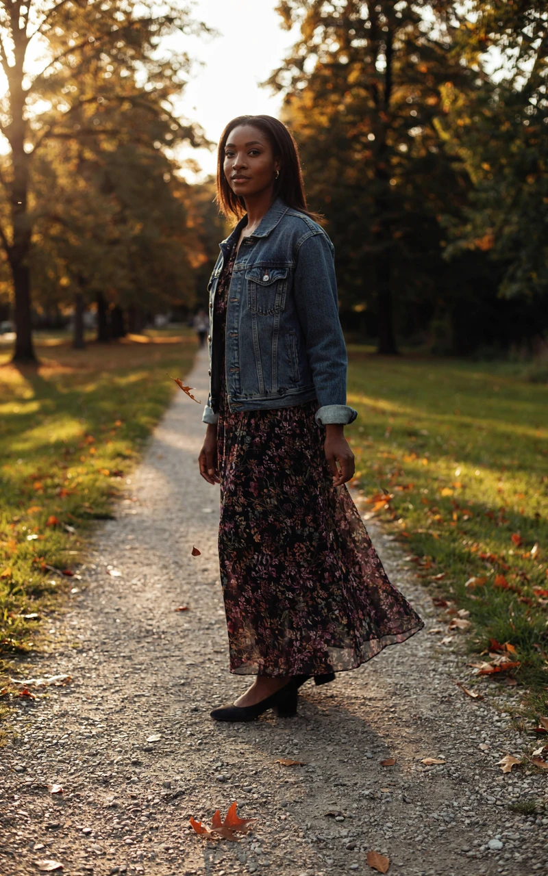 12 Cozy Fall Outfits for Women That Feel Stylish and Comfortable 9 A woman walking in a park wearing a denim jacket and a dark floral maxi skirt.