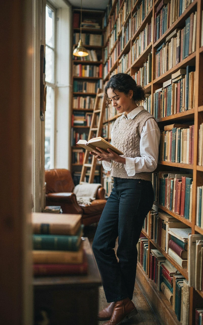 12 Cozy Fall Outfits for Women That Feel Stylish and Comfortable 10 A woman in a bookstore wearing a knit vest over a white button-down shirt.