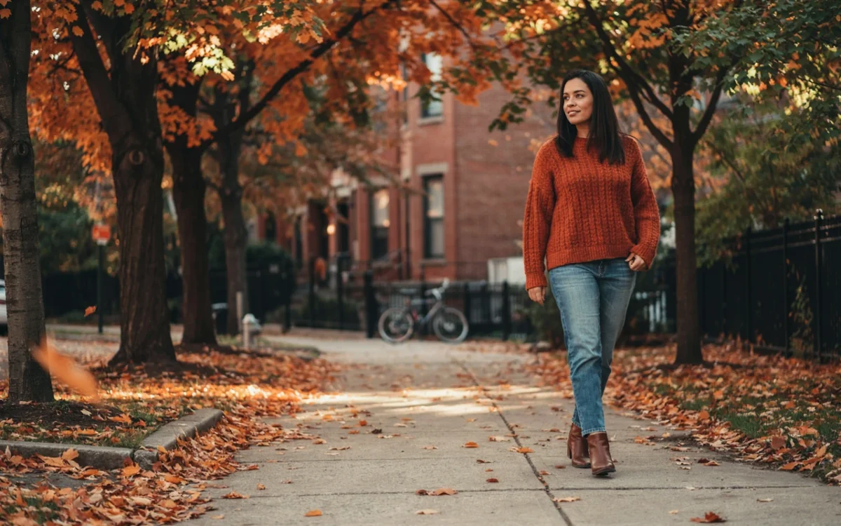 A woman walking on a sidewalk wearing one of the best cozy fall outfits for women featuring a rust sweater and jeans.