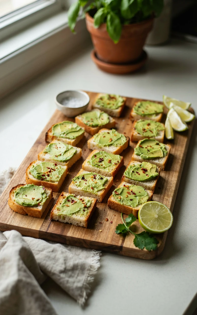 13 Delicious Snack Recipes to Make at Home 11 Small toasted baguette squares topped with mashed avocado and red pepper flakes.