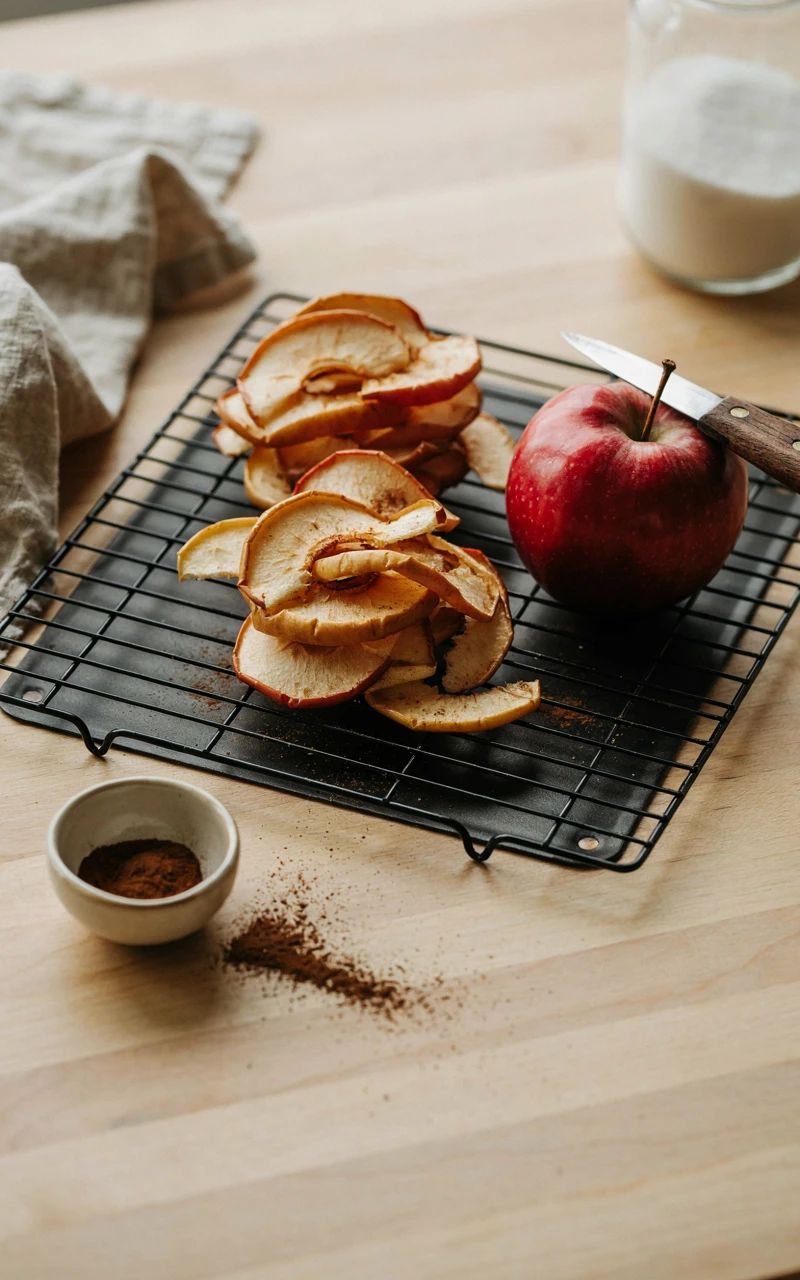 13 Delicious Snack Recipes to Make at Home 12 Crispy baked apple slices dusted with cinnamon resting on a wire cooling rack.