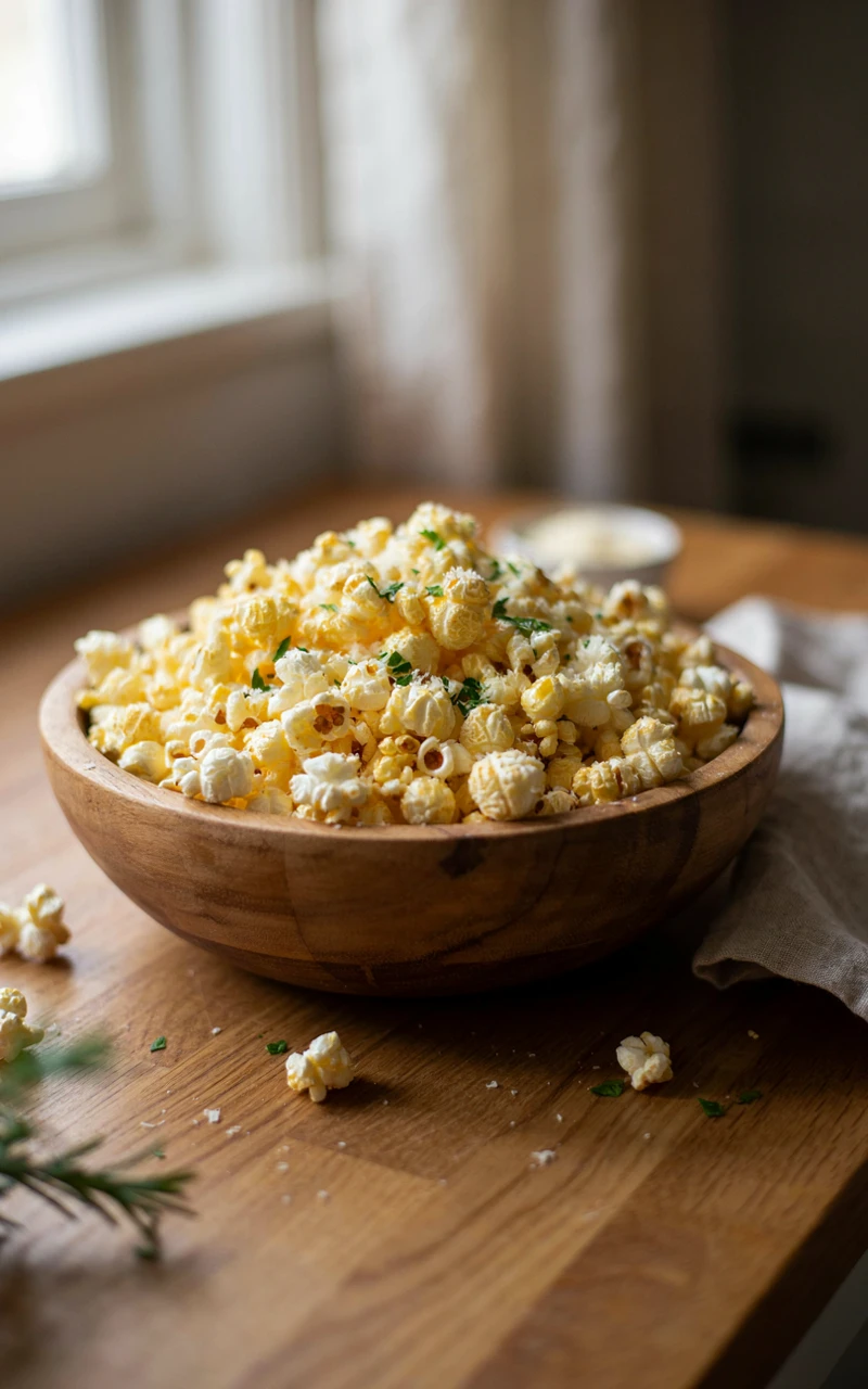 13 Delicious Snack Recipes to Make at Home 13 A wooden bowl filled with popcorn coated in parmesan cheese and herbs.
