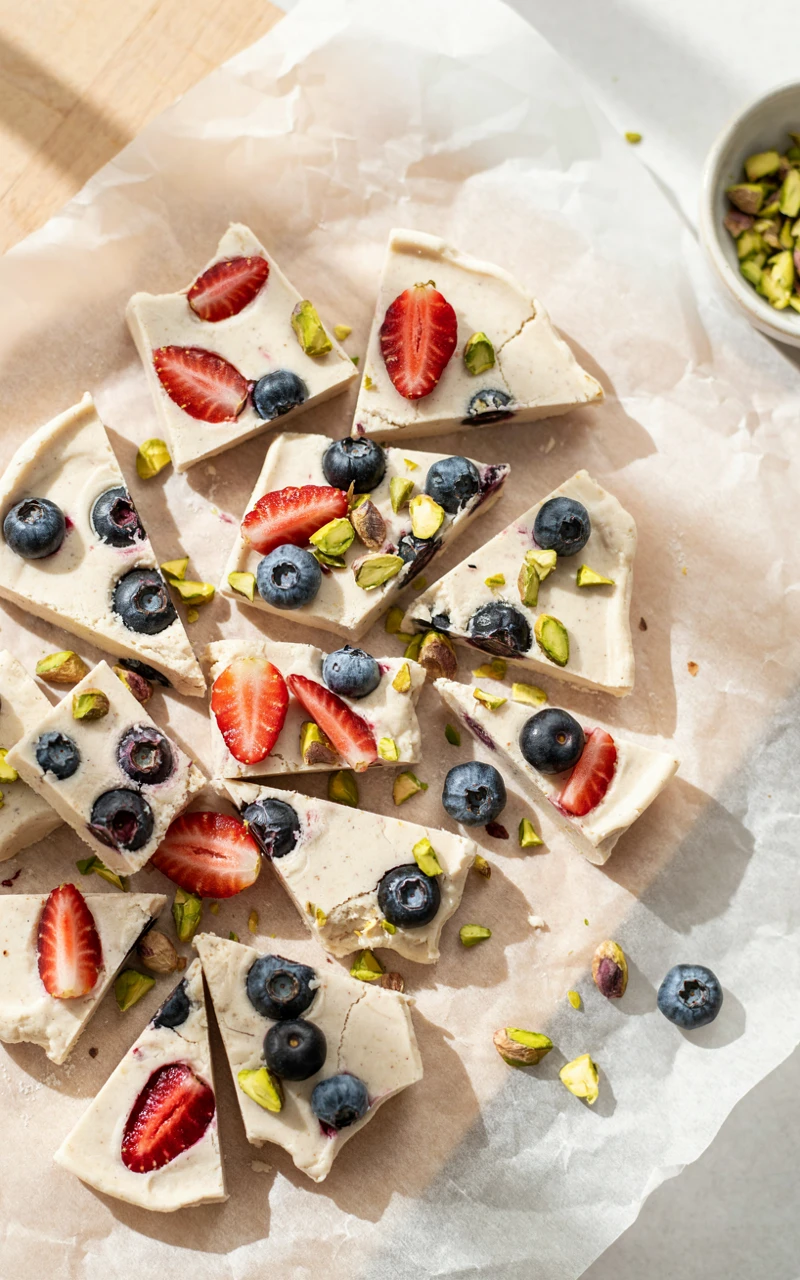 13 Delicious Snack Recipes to Make at Home 14 Pieces of frozen yogurt bark topped with fresh berries and pistachios.
