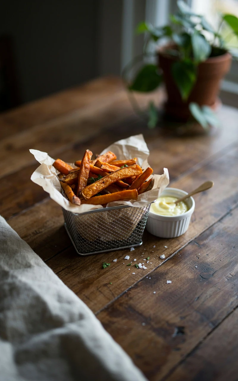 13 Delicious Snack Recipes to Make at Home 4 Crispy baked sweet potato fries in a wire basket served with garlic aioli.