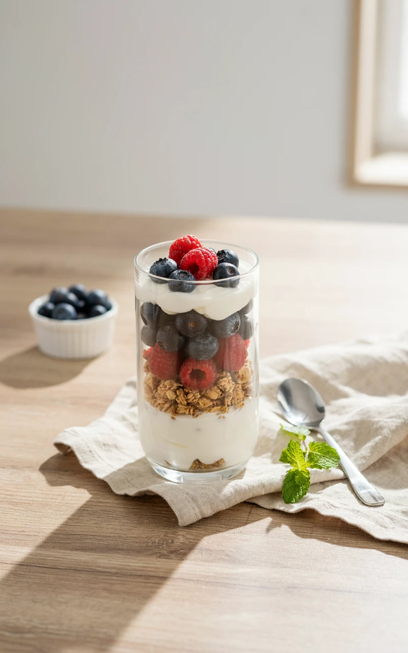 13 Delicious Snack Recipes to Make at Home 5 A glass jar filled with layers of Greek yogurt, granola, and fresh berries.