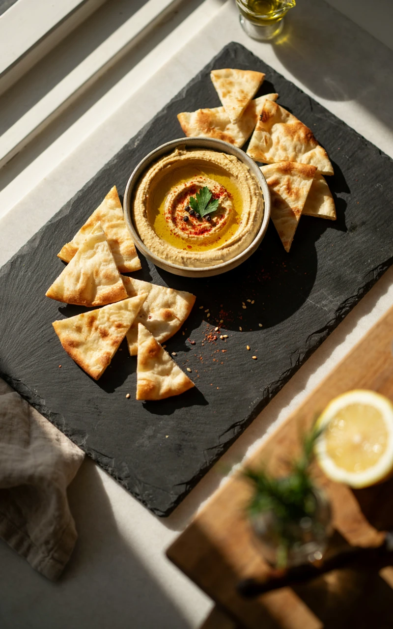 13 Delicious Snack Recipes to Make at Home 6 Baked pita chips surrounding a bowl of creamy hummus topped with olive oil.