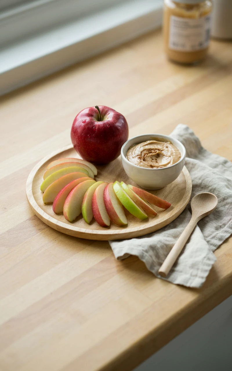 13 Delicious Snack Recipes to Make at Home 7 Fresh apple slices arranged next to a small bowl of almond butter dip.