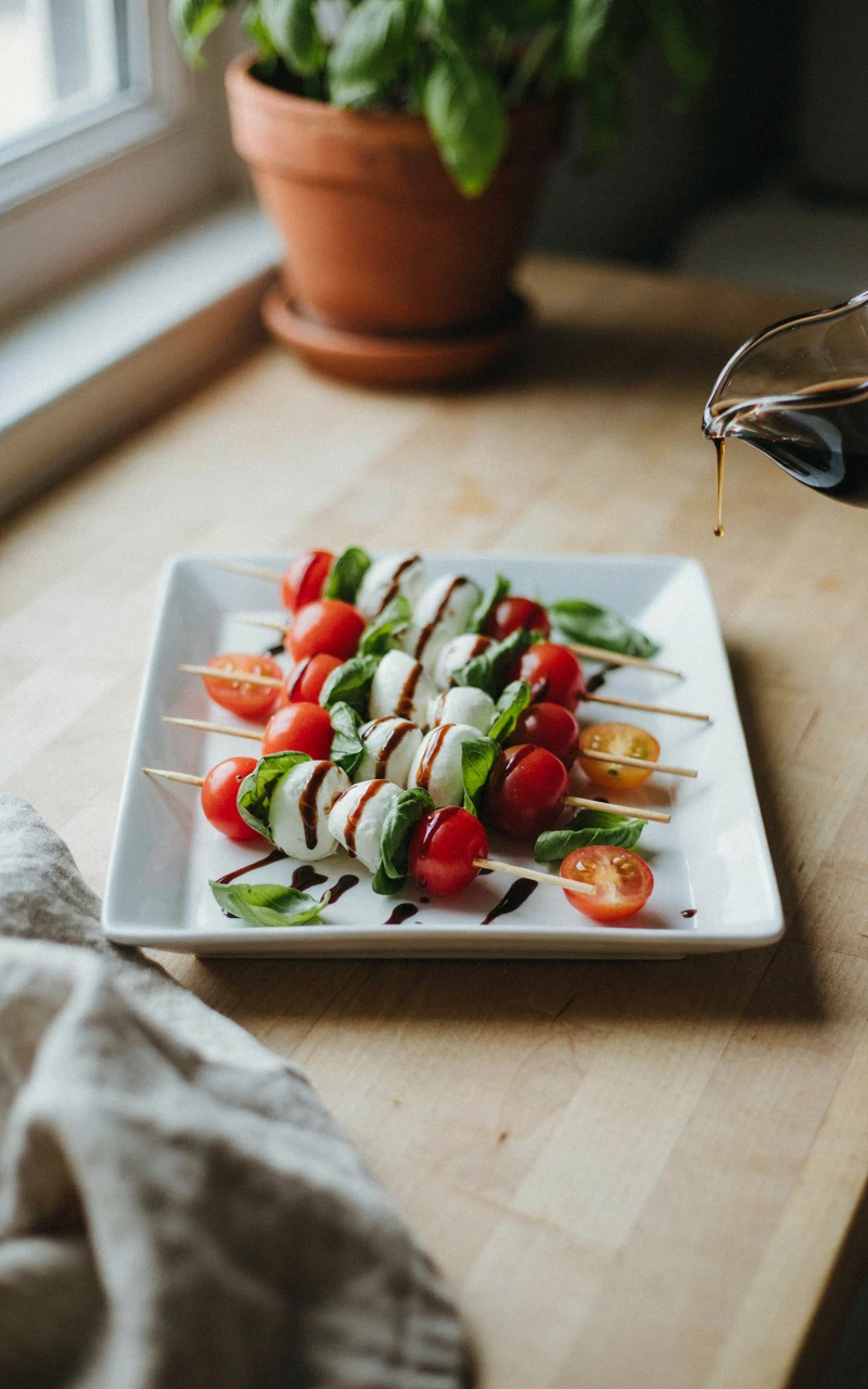 13 Delicious Snack Recipes to Make at Home 8 Caprese skewers with tomatoes, basil, and mozzarella drizzled with balsamic glaze.