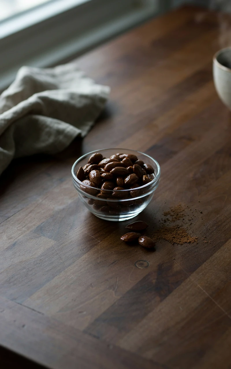 13 Delicious Snack Recipes to Make at Home 9 A glass dish filled with dark chocolate covered almonds on a wooden table.