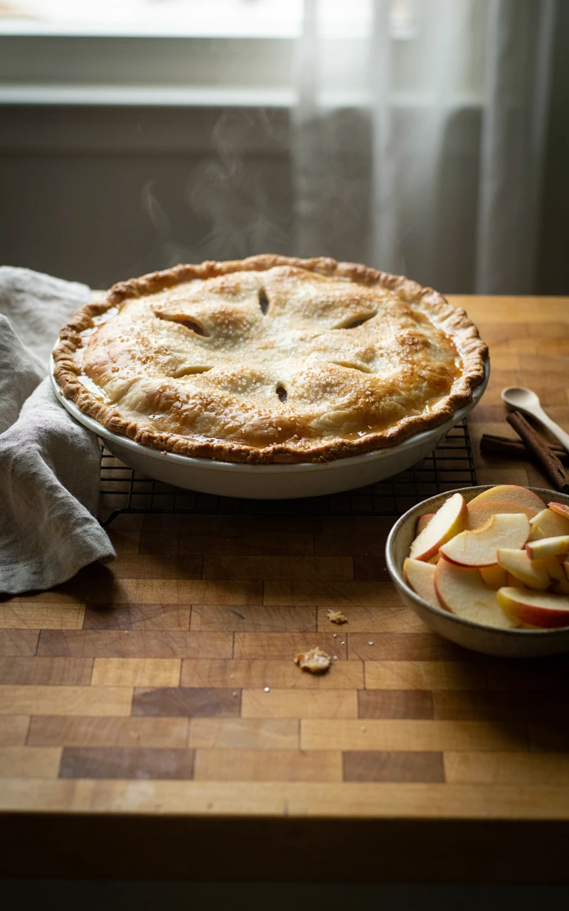 12 Easy Apple Pie Ideas for Cozy Fall Baking Days 2 A classic double crust apple pie with a crimped golden edge cooling on a wire rack on a wooden counter