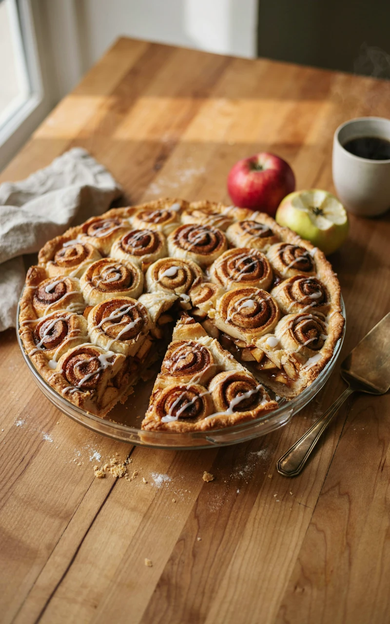 12 Easy Apple Pie Ideas for Cozy Fall Baking Days 12 An apple pie topped with cinnamon roll spirals and white icing, with one slice cut out