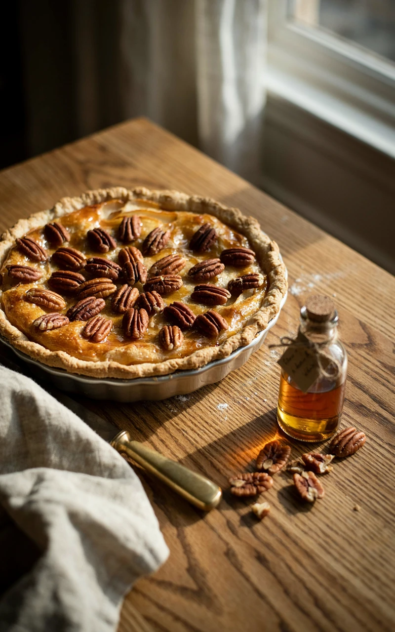 12 Easy Apple Pie Ideas for Cozy Fall Baking Days 13 An apple pie topped with glossy maple-glazed pecans next to a bottle of maple syrup on a wooden table