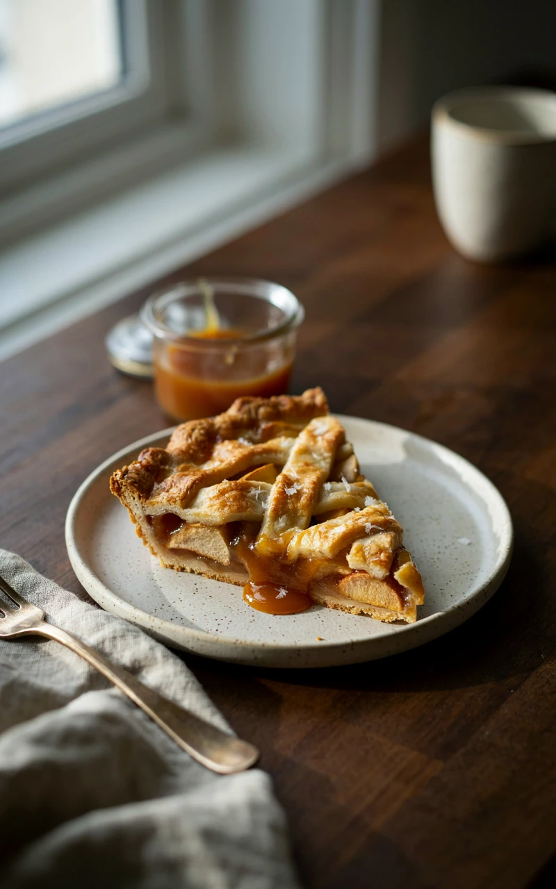 12 Easy Apple Pie Ideas for Cozy Fall Baking Days 4 A slice of salted caramel apple pie with caramel sauce dripping down the side and flaky salt on top