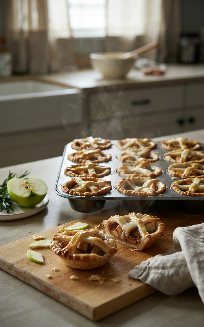 12 Easy Apple Pie Ideas for Cozy Fall Baking Days 7 Mini apple pies with lattice tops in a muffin tin, with two pies set out on a wooden board