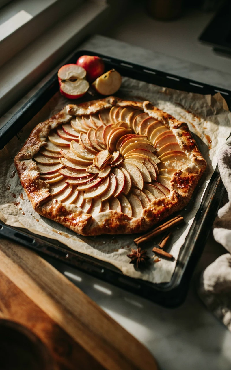 12 Easy Apple Pie Ideas for Cozy Fall Baking Days 8 A rustic apple galette with spiraled apple slices and folded golden crust edges on a baking sheet