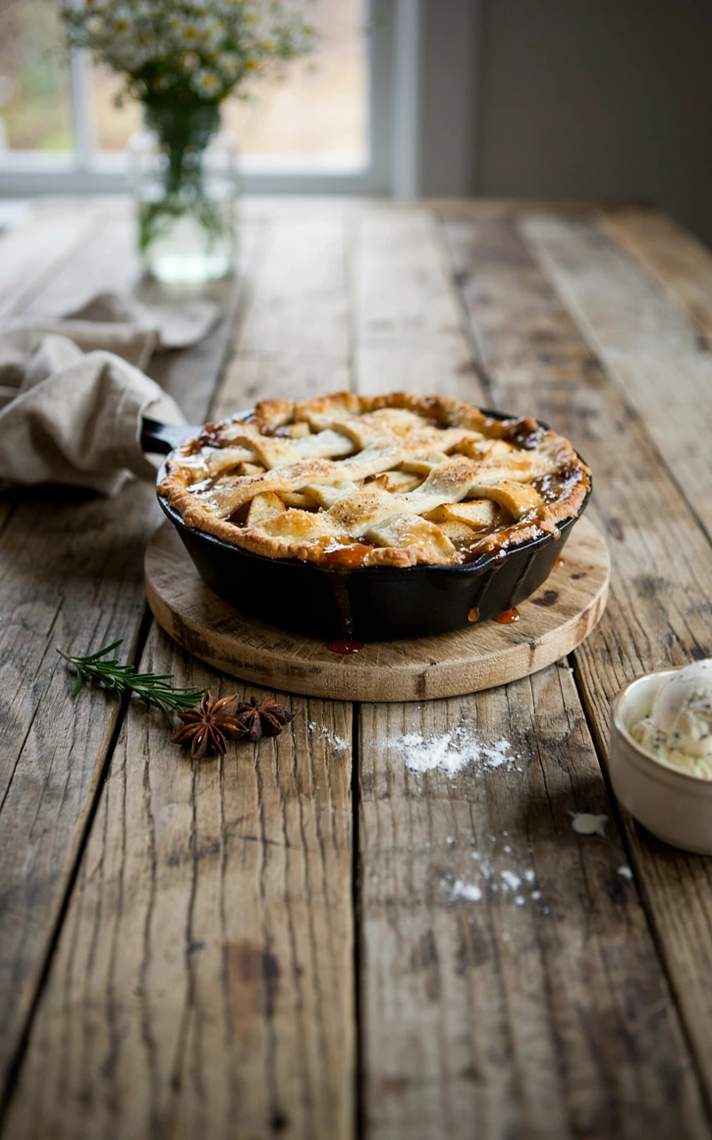 12 Easy Apple Pie Ideas for Cozy Fall Baking Days 10 A golden apple pie baked in a cast iron skillet with bubbling brown sugar around the edges