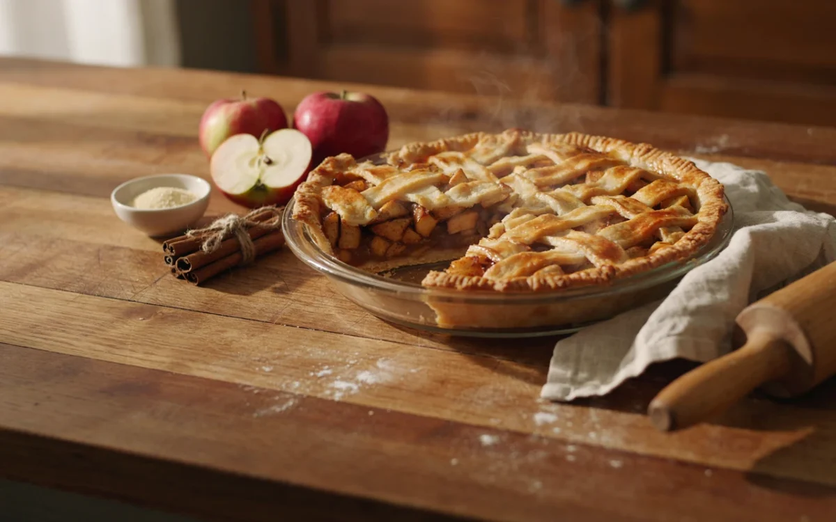 A golden easy apple pie with a slice cut out on a wooden table beside red apples and cinnamon sticks