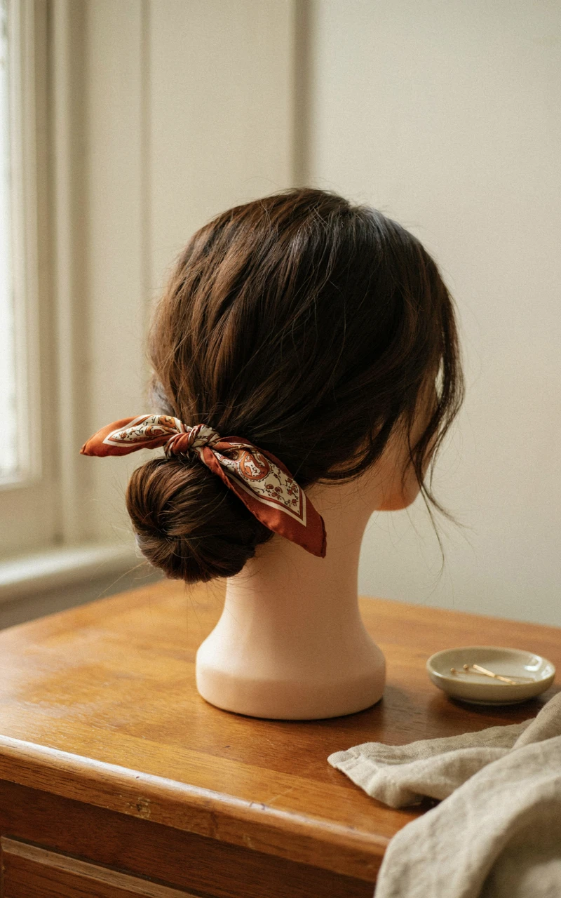 9 Easy Fall Hairstyles You Can Do at Home 2 Low messy bun tied with a rust silk scarf on a mannequin head, an easy fall hairstyle shown from behind