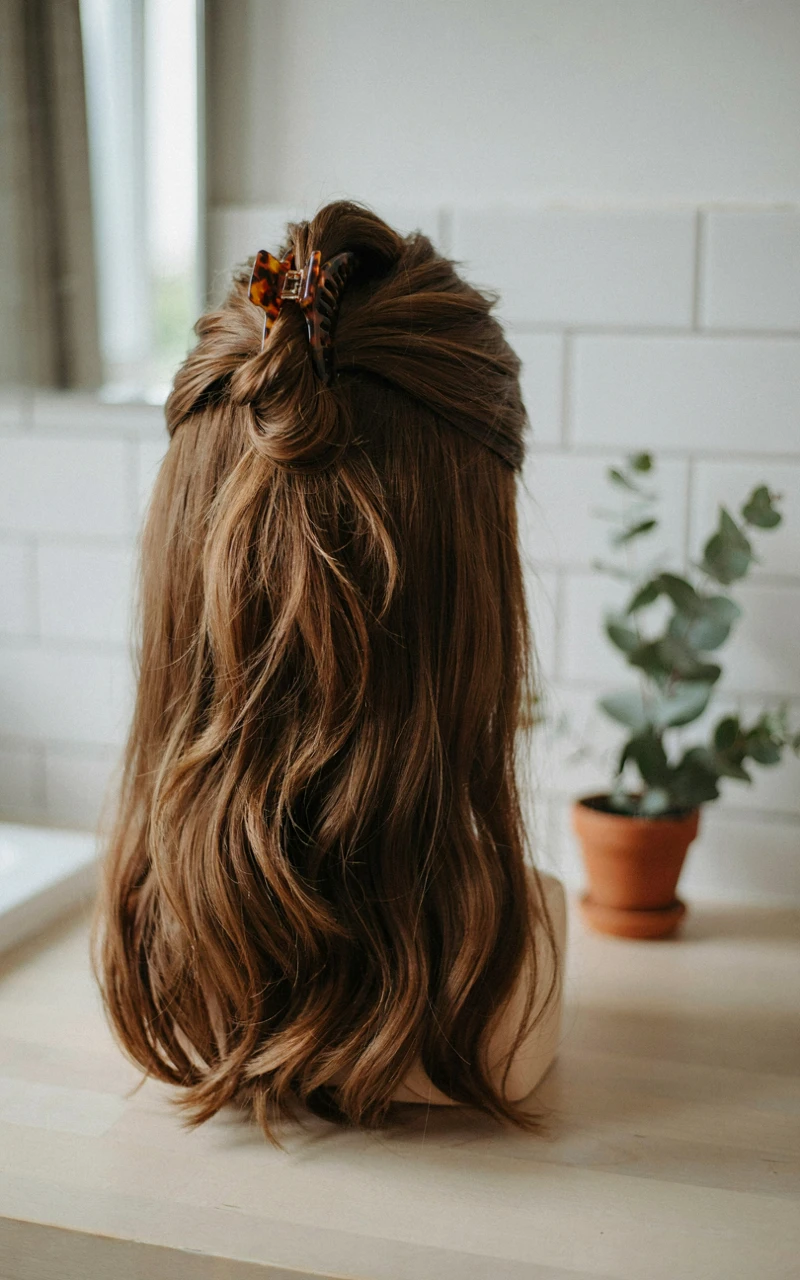 9 Easy Fall Hairstyles You Can Do at Home 3 Half-up twist held with a tortoiseshell claw clip on wavy brown hair, a quick fall hairstyle idea