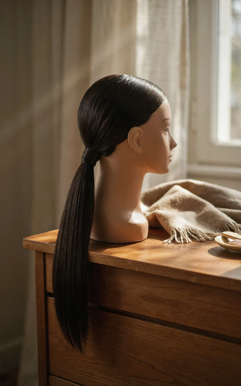 9 Easy Fall Hairstyles You Can Do at Home 4 Sleek low ponytail with hair wrapped around the band on glossy black hair, next to a camel wool scarf