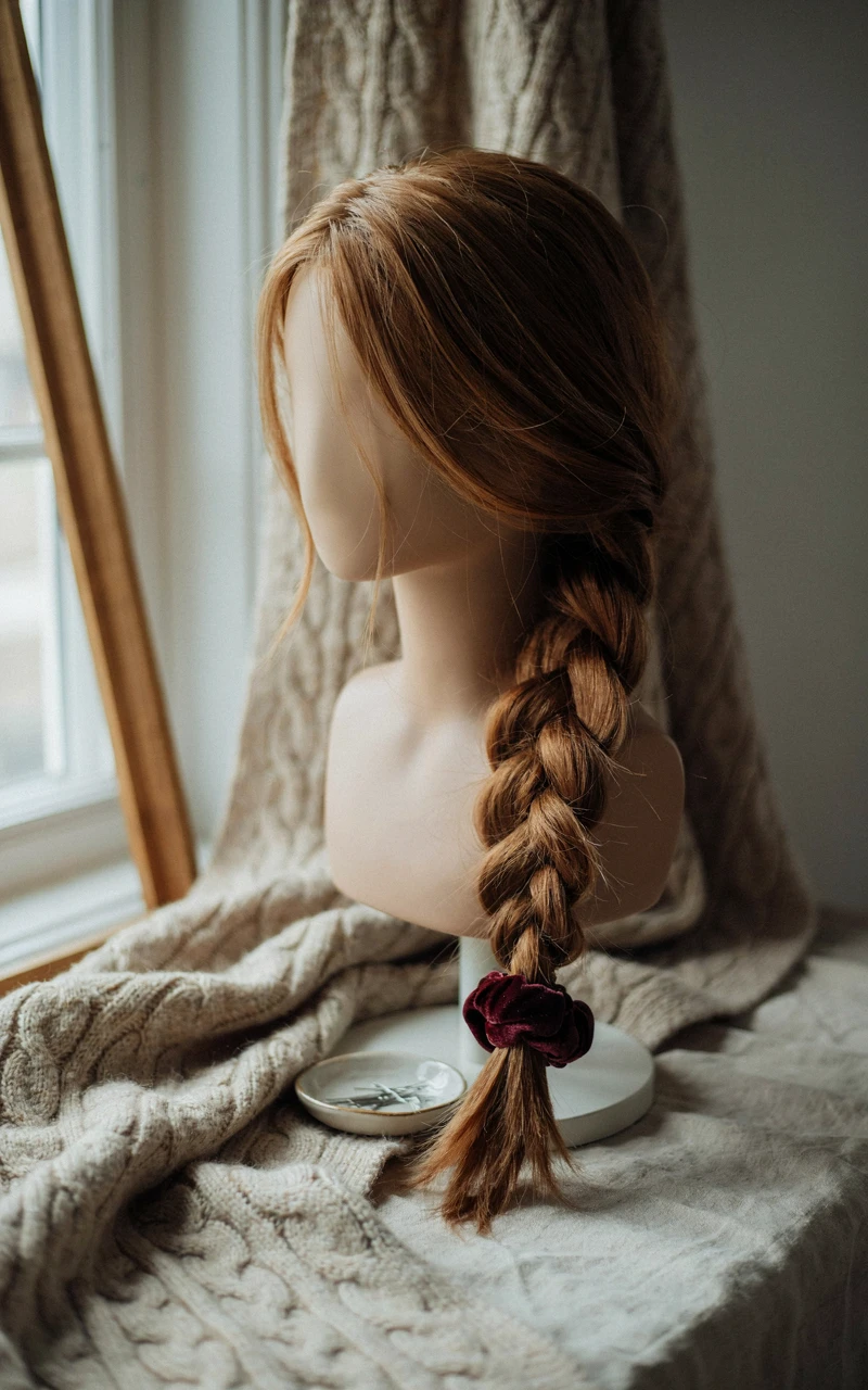 9 Easy Fall Hairstyles You Can Do at Home 5 Loose side braid tied with a burgundy velvet scrunchie on honey brown hair, a soft autumn hair look