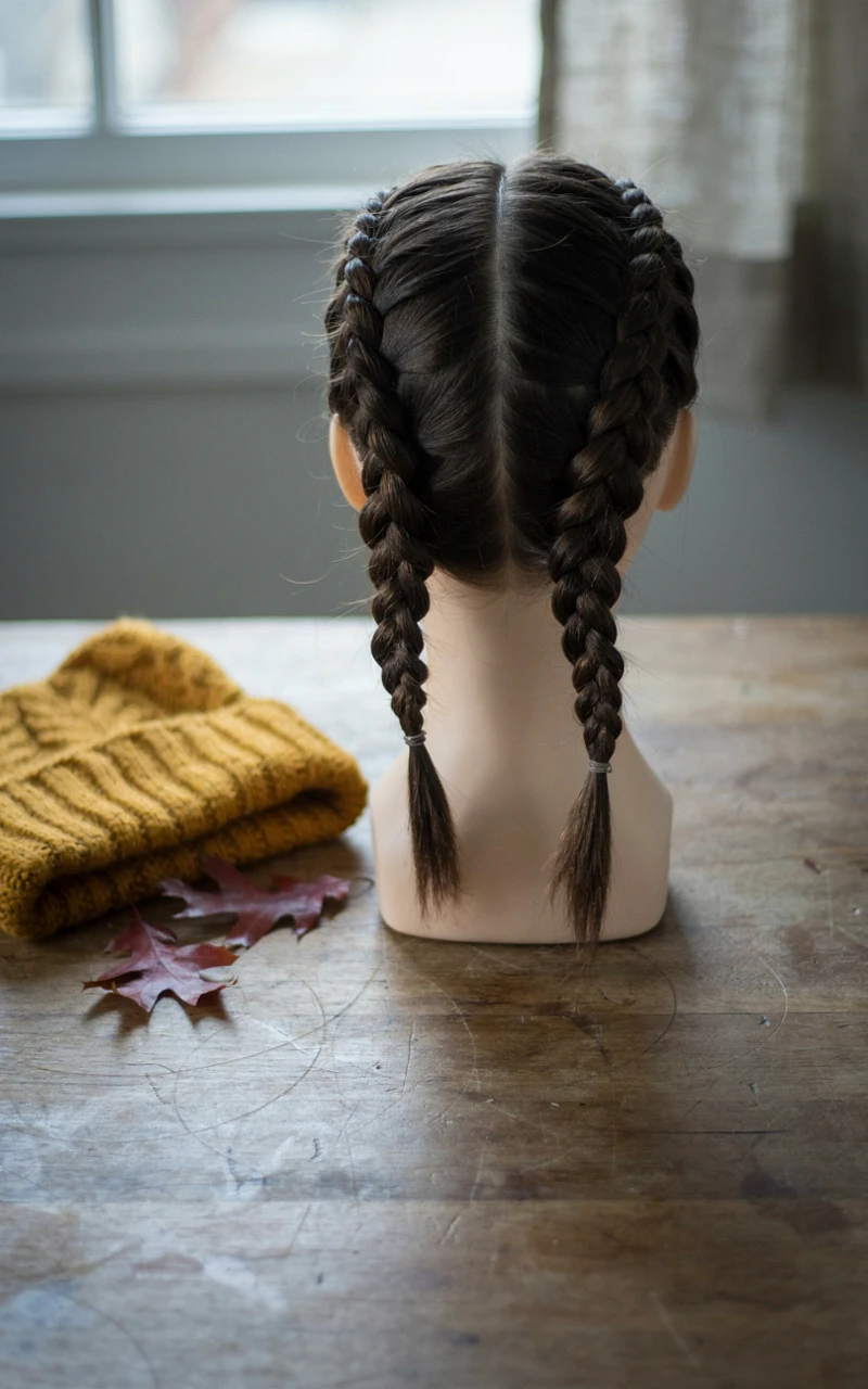 9 Easy Fall Hairstyles You Can Do at Home 6 Two Dutch braids on dark brown hair shown from behind, beside a mustard knit beanie and red leaves