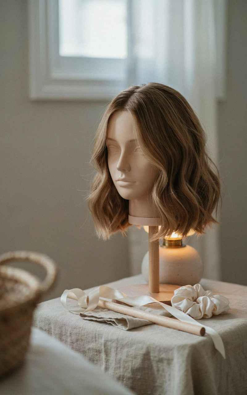9 Easy Fall Hairstyles You Can Do at Home 7 Soft heatless waves on light brown hair, with a satin curling rod and silk scrunchie on a nightstand