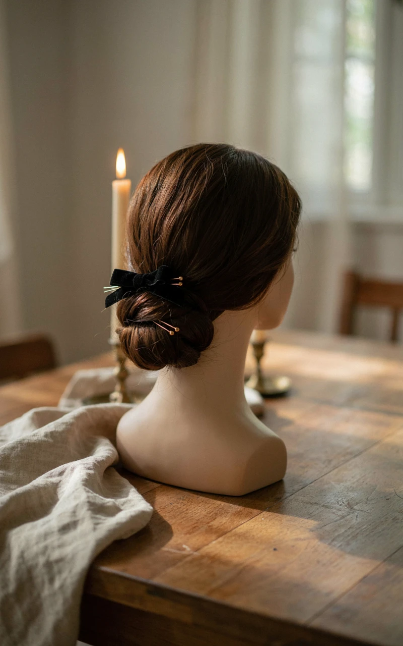 9 Easy Fall Hairstyles You Can Do at Home 8 Twisted low chignon pinned on dark auburn hair with a small black velvet bow, a dressy fall hairstyle