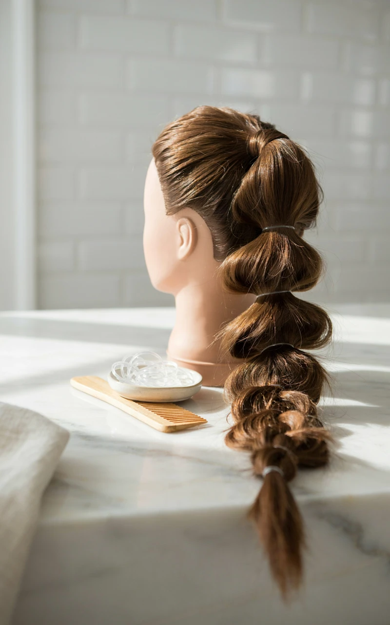 9 Easy Fall Hairstyles You Can Do at Home 9 Puffy pull-through braid ponytail on medium brown hair, with a wide-tooth comb and hair elastics nearby