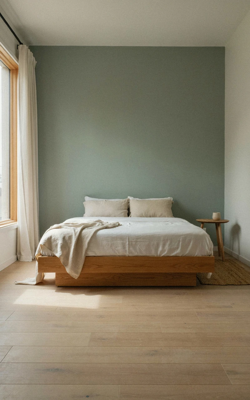 17 Green Aesthetic Bedroom Ideas That Feel Cozy and Stylish 2 Bedroom with a sage green accent wall behind an oak bed dressed in white linen, a simple sage green bedroom idea