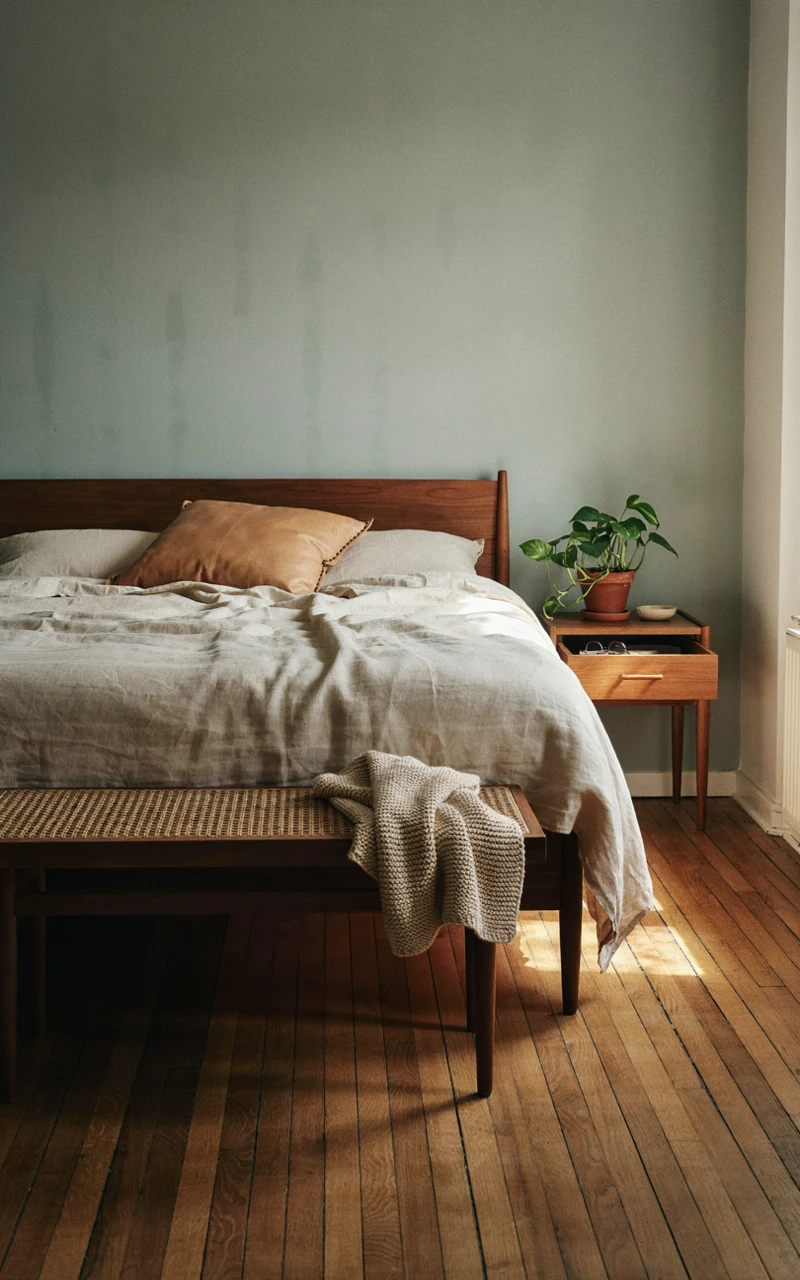 17 Green Aesthetic Bedroom Ideas That Feel Cozy and Stylish 11 Sage green wall with a walnut bed frame, oak nightstand and cane bench in a warm green aesthetic bedroom