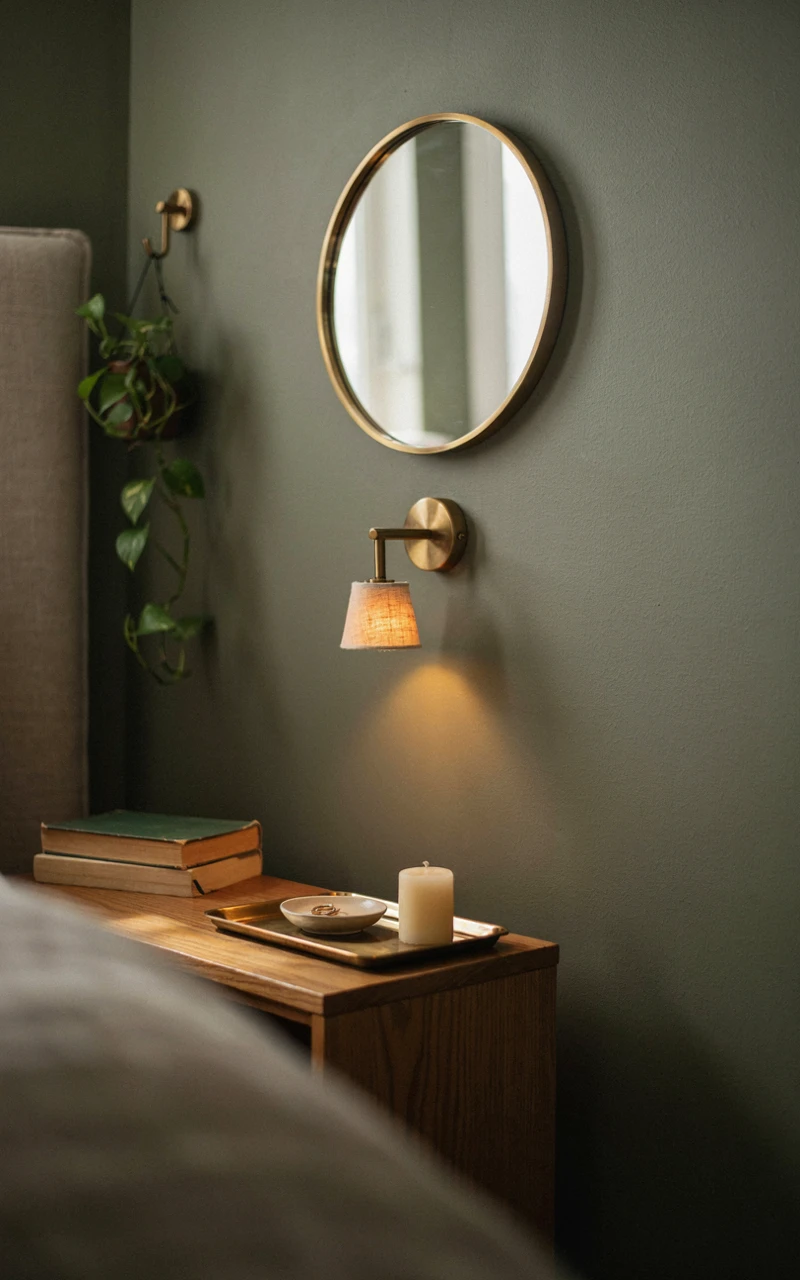 17 Green Aesthetic Bedroom Ideas That Feel Cozy and Stylish 12 Round brass mirror, brass sconce and brass tray on a nightstand against a deep olive green bedroom wall