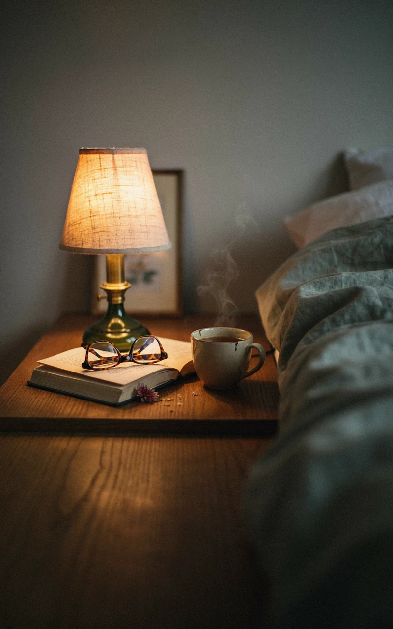 17 Green Aesthetic Bedroom Ideas That Feel Cozy and Stylish 13 Green glass table lamp with a linen shade glowing on a wooden nightstand beside a book and a ceramic mug