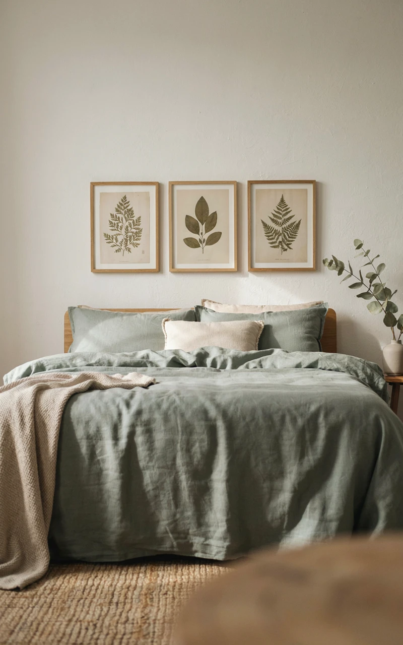 17 Green Aesthetic Bedroom Ideas That Feel Cozy and Stylish 14 Three framed botanical fern prints above a bed with sage bedding, simple aesthetic bedroom decor for a green room