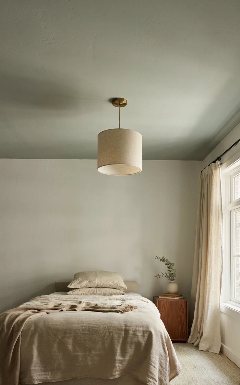 17 Green Aesthetic Bedroom Ideas That Feel Cozy and Stylish 15 Bedroom with a pale sage green painted ceiling, white walls, a linen drum pendant light and cream bedding