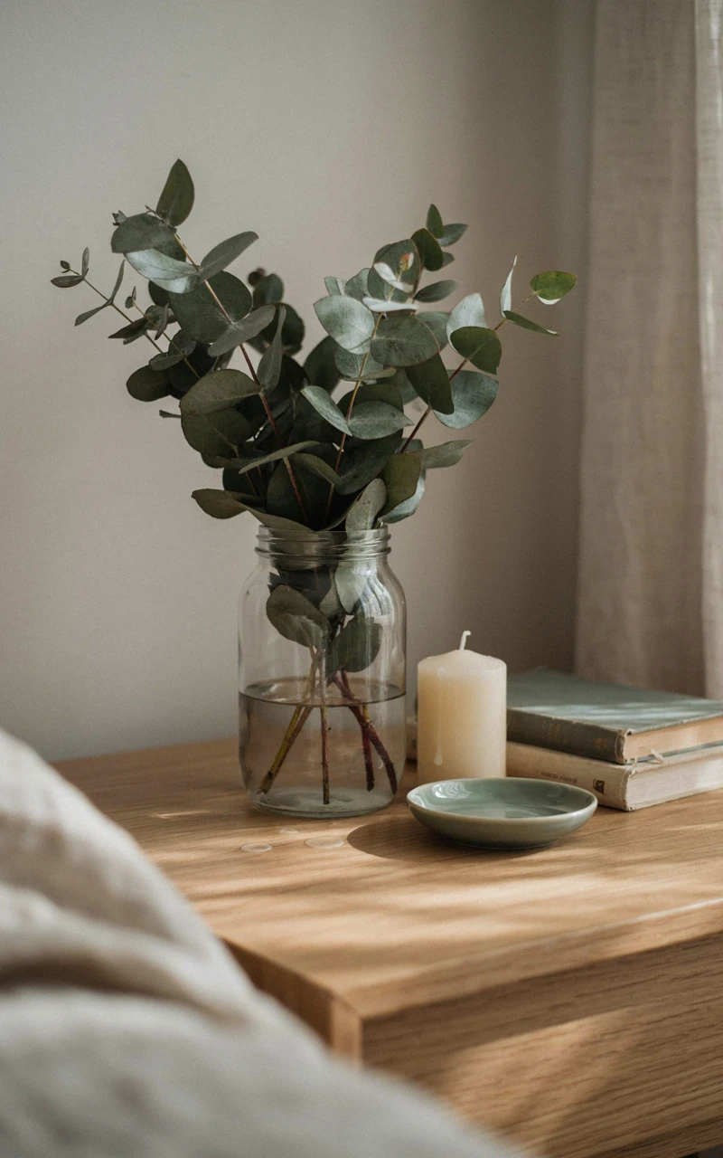 17 Green Aesthetic Bedroom Ideas That Feel Cozy and Stylish 17 Glass jar of fresh eucalyptus on an oak nightstand with a cream candle, stacked books and a small sage dish