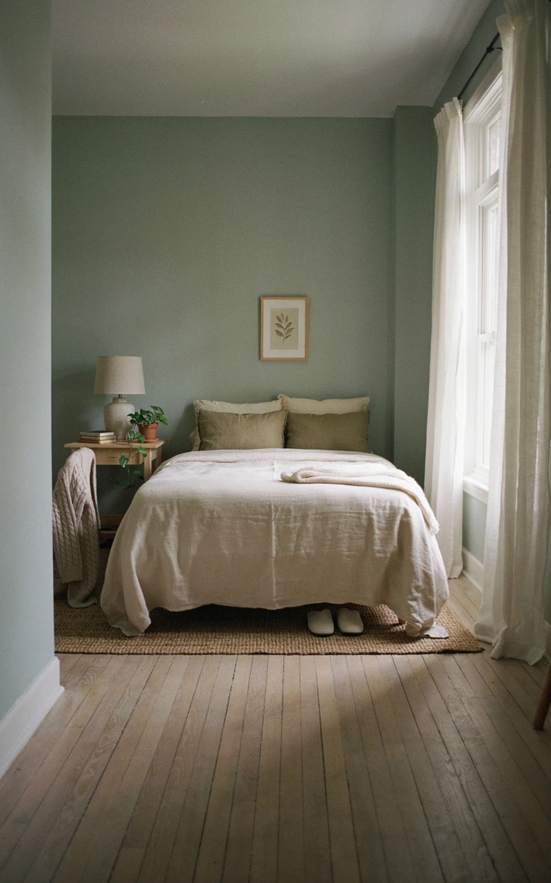 17 Green Aesthetic Bedroom Ideas That Feel Cozy and Stylish 18 Green bedroom aesthetic mixing sage walls, olive throw pillows and cream bedding in a bright, simple room