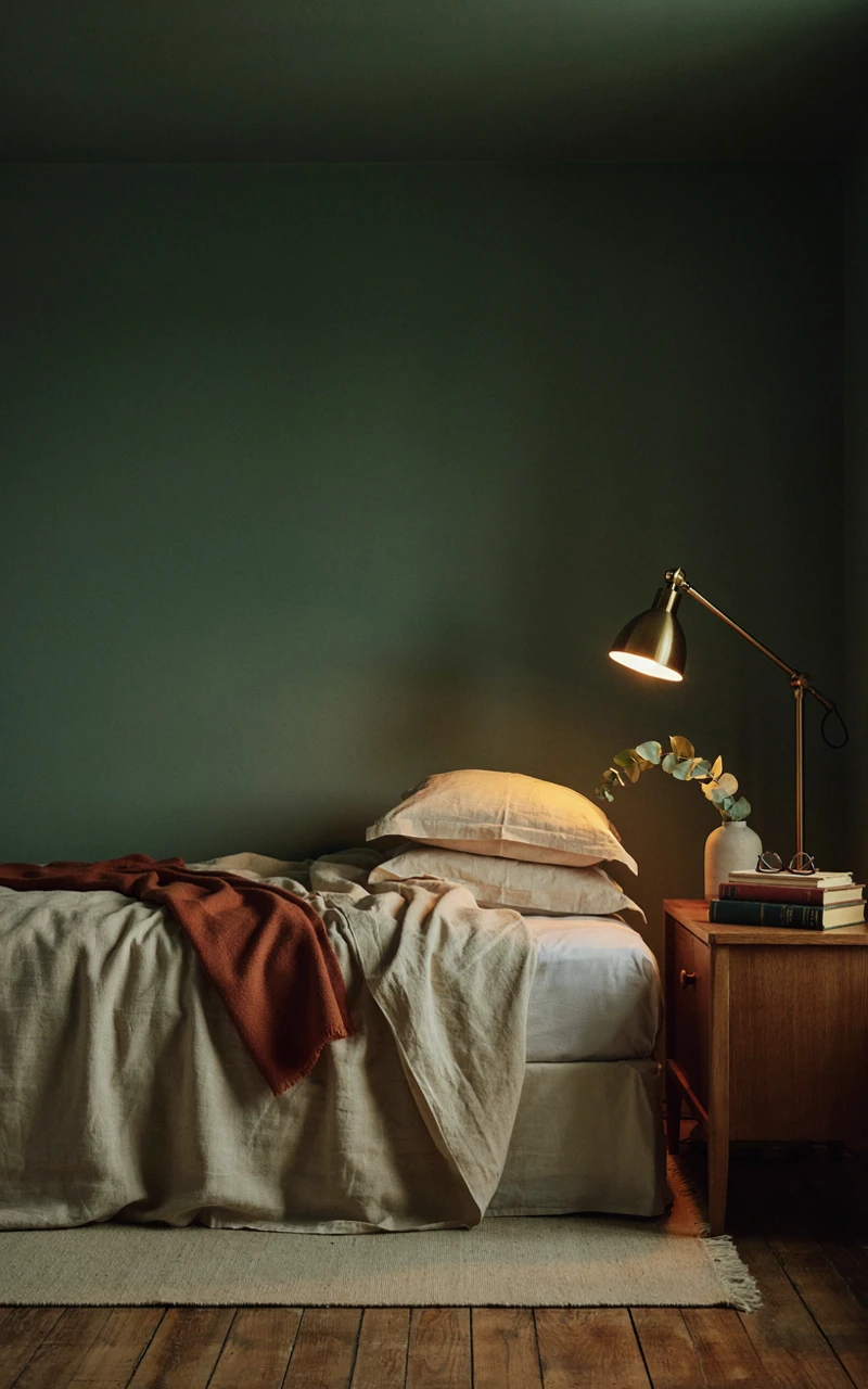 17 Green Aesthetic Bedroom Ideas That Feel Cozy and Stylish 3 Dark green bedroom with deep forest green walls, cream linen bedding, a rust throw and a glowing brass reading lamp