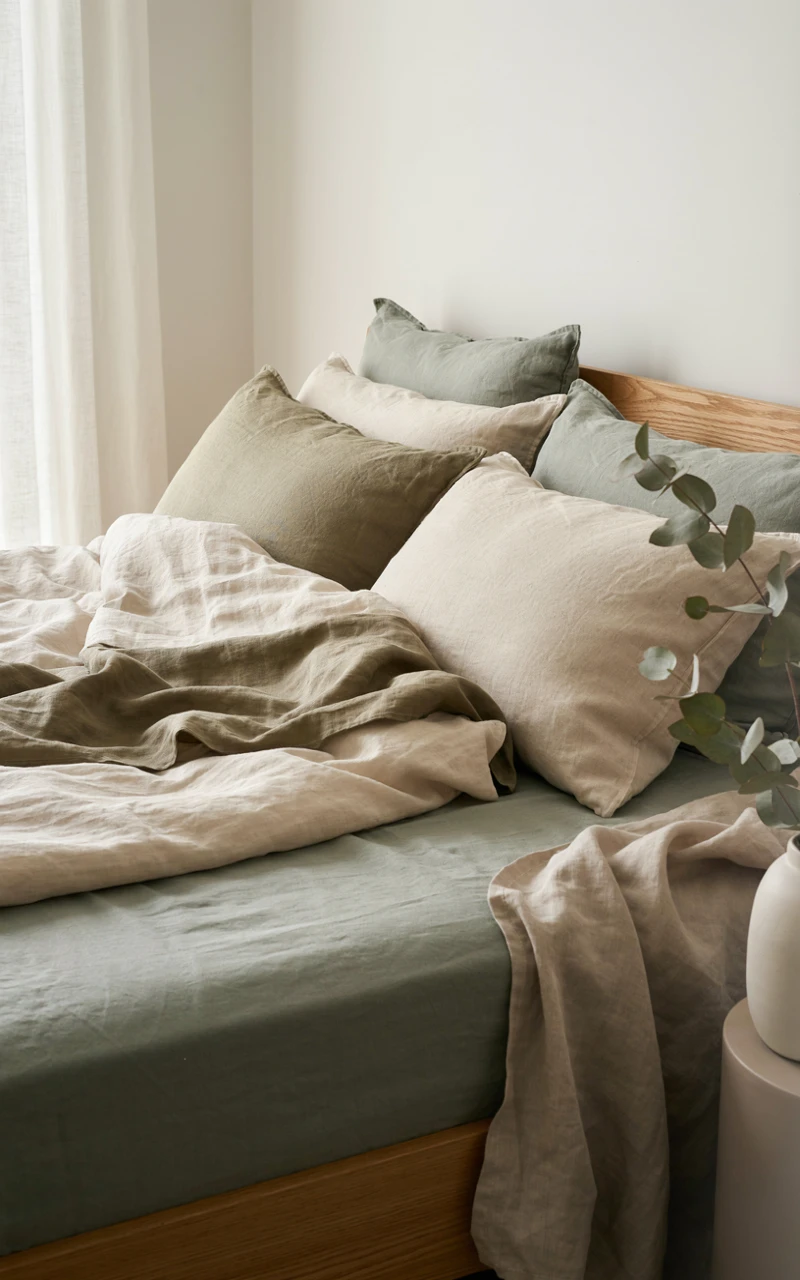 17 Green Aesthetic Bedroom Ideas That Feel Cozy and Stylish 4 Bed layered with sage and olive linen sheets, a cream duvet and mixed green and oatmeal pillows in soft daylight
