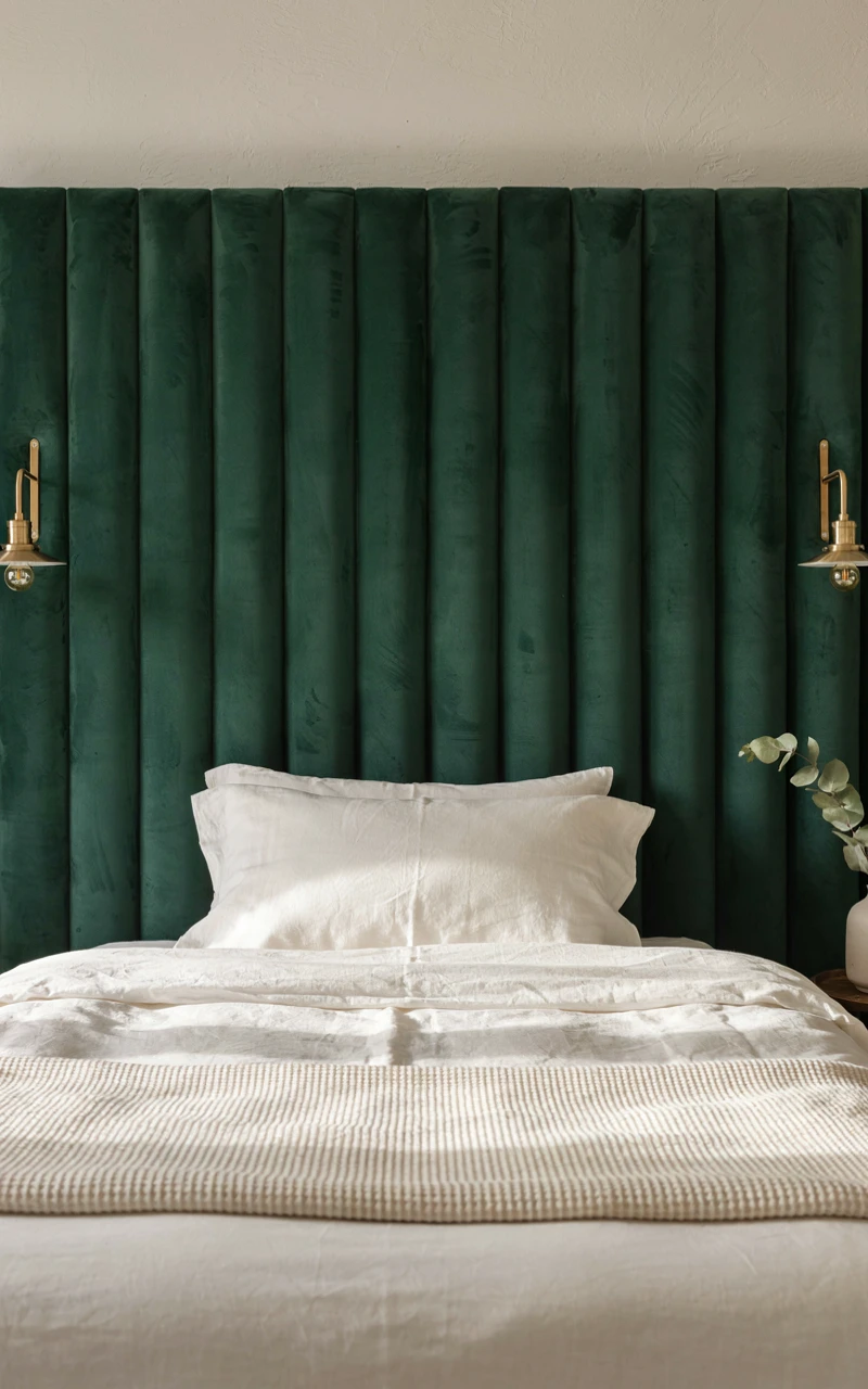 17 Green Aesthetic Bedroom Ideas That Feel Cozy and Stylish 5 Emerald green velvet channel-tufted headboard behind a bed with white linen sheets and brass wall sconces