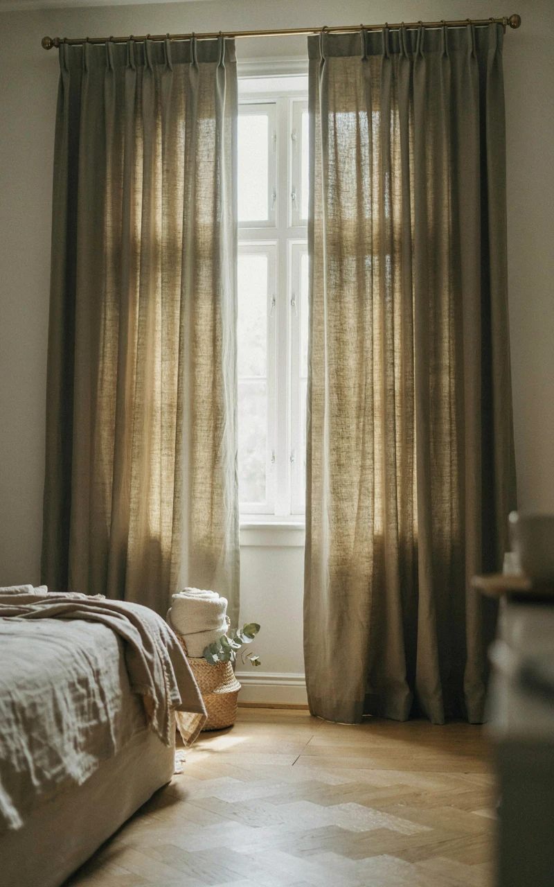 17 Green Aesthetic Bedroom Ideas That Feel Cozy and Stylish 6 Olive green linen curtains on a brass rod framing a bedroom window, with sunlight falling across a pale oak floor
